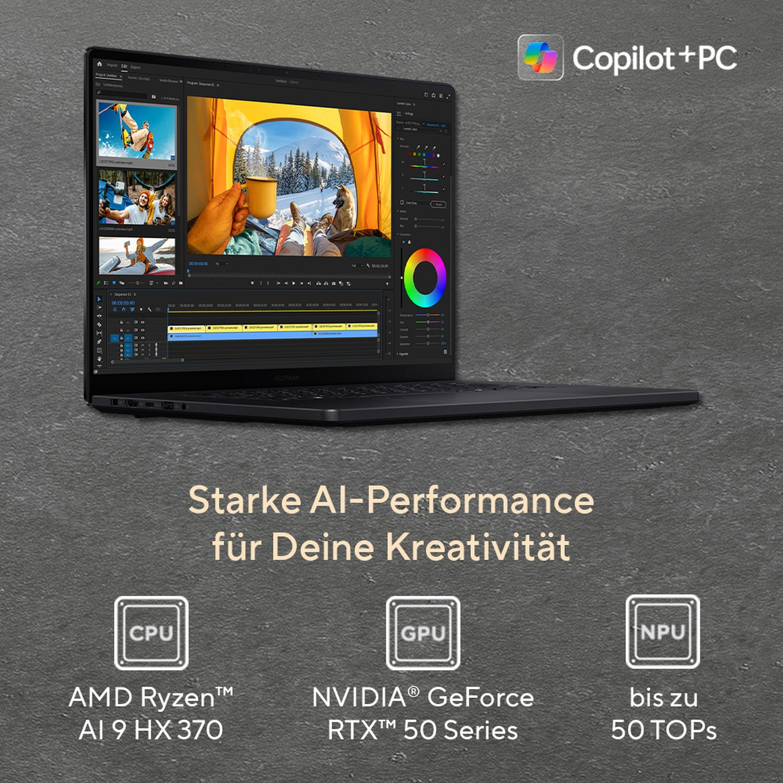 Laptop zeigt Videobearbeitungssoftware mit KI-Funktionen und Specs.