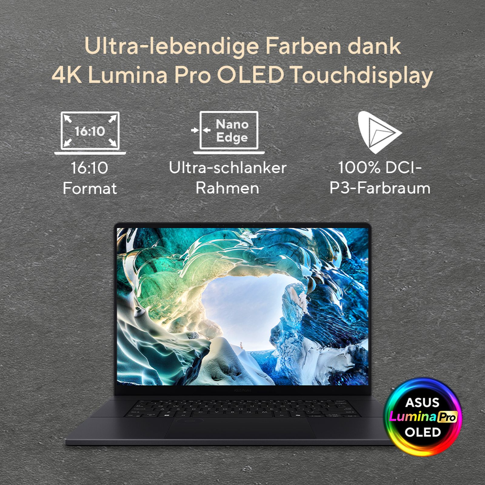 Ein schwarzer Laptop mit 4K Lumina Pro OLED Touchdisplay, das ein eisiges Motiv zeigt.