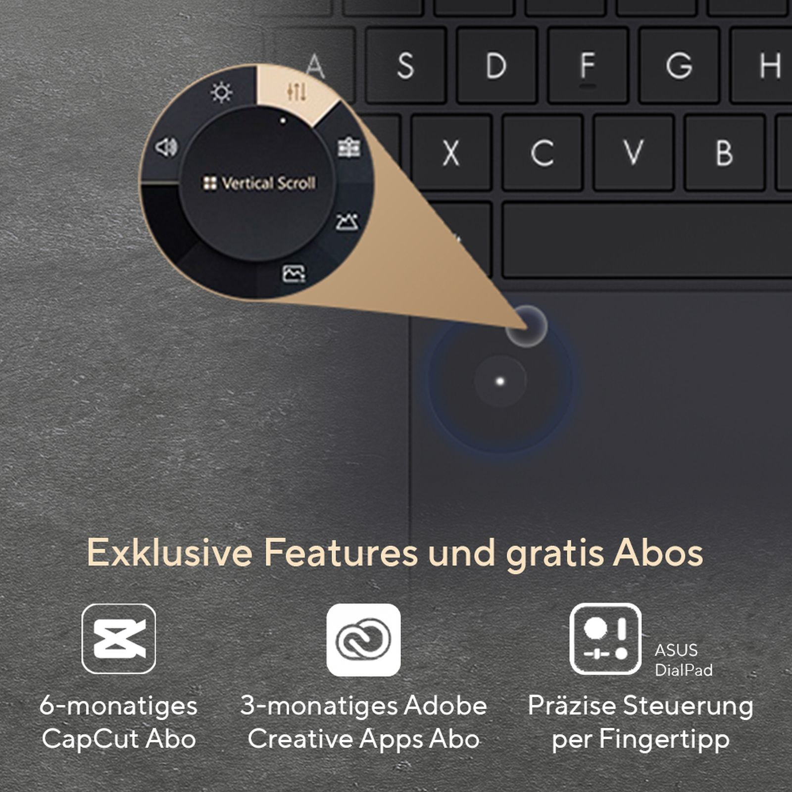 Ein virtueller Regler mit Symbolen für Lautstärke, Helligkeit und vertikales Scrollen.