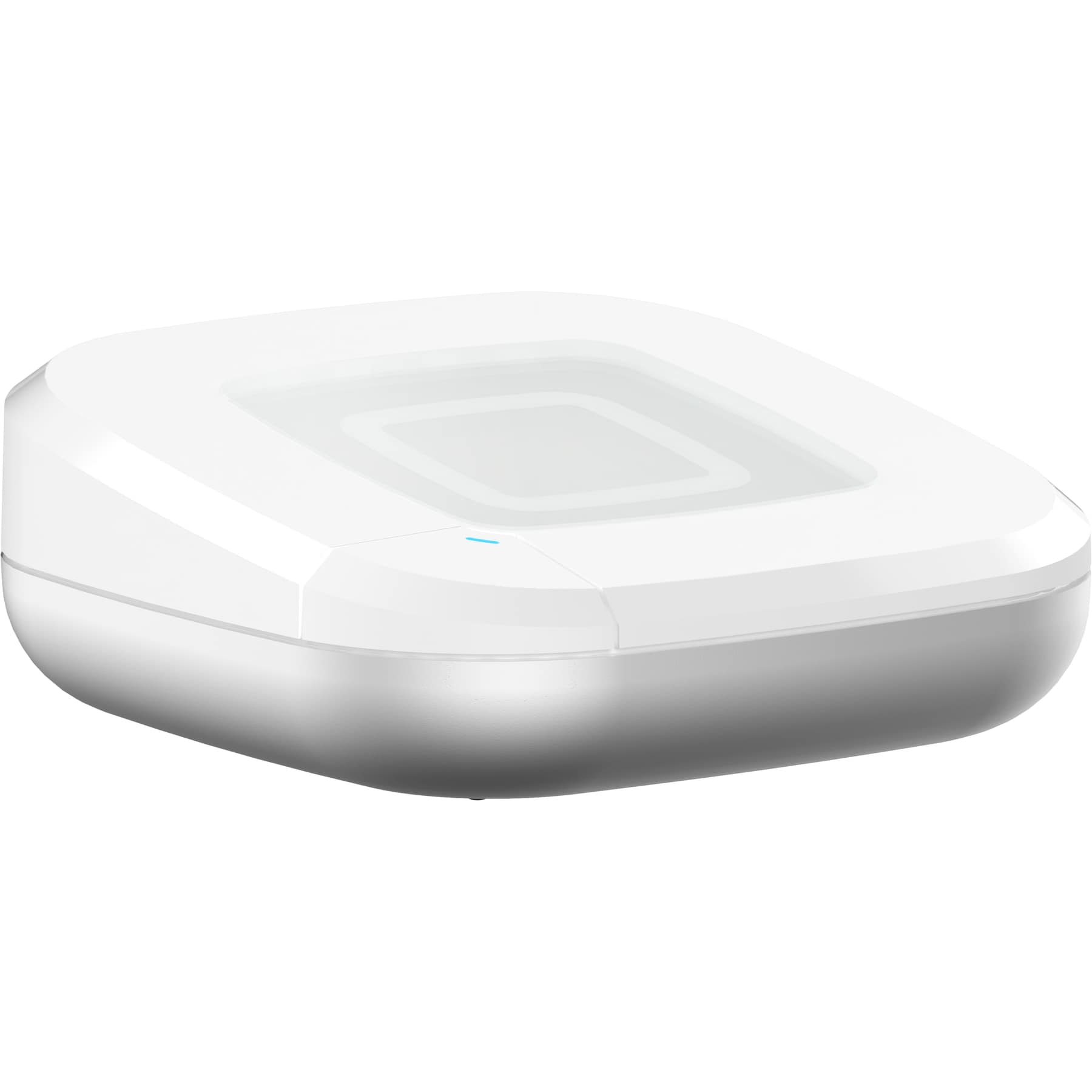 Ein weißer, quaderförmiger WLAN-Router mit einem silbernen Sockel.