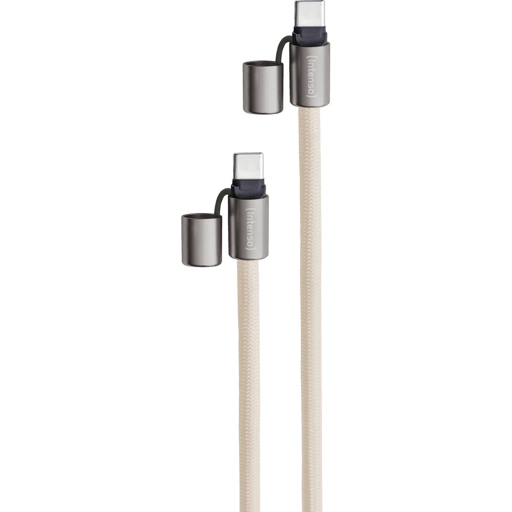 Zwei weiße USB-C-Kabel mit silbernen Kappen und silbernen Anschlüssen.