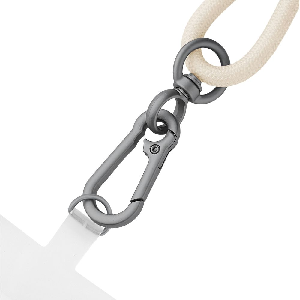 Ein Karabinerhaken und ein Seil mit Metallbeschlägen auf weißem Hintergrund.