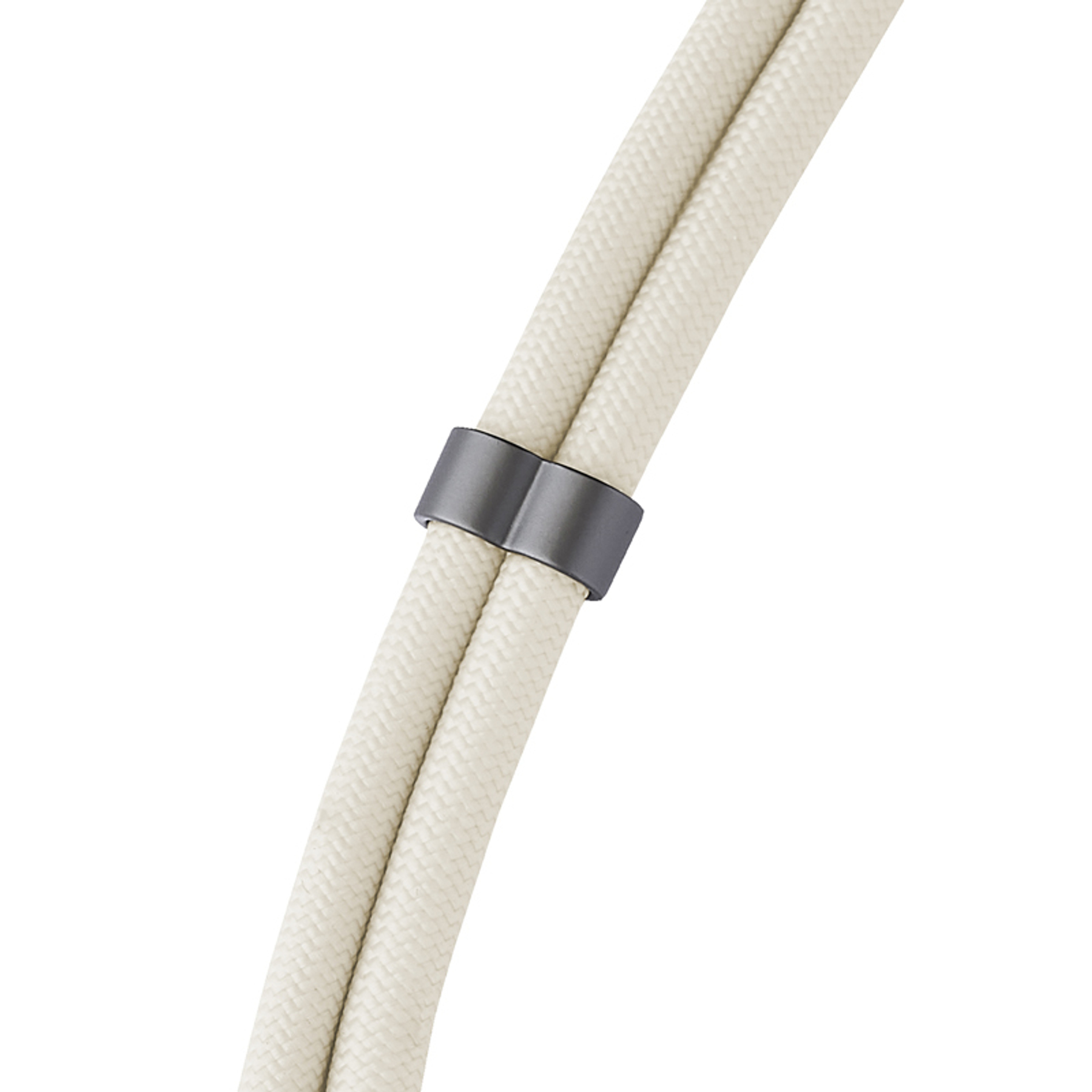 Zwei weiße Kabel mit einem grauen Clip, die diagonal über den weißen Hintergrund verlaufen.