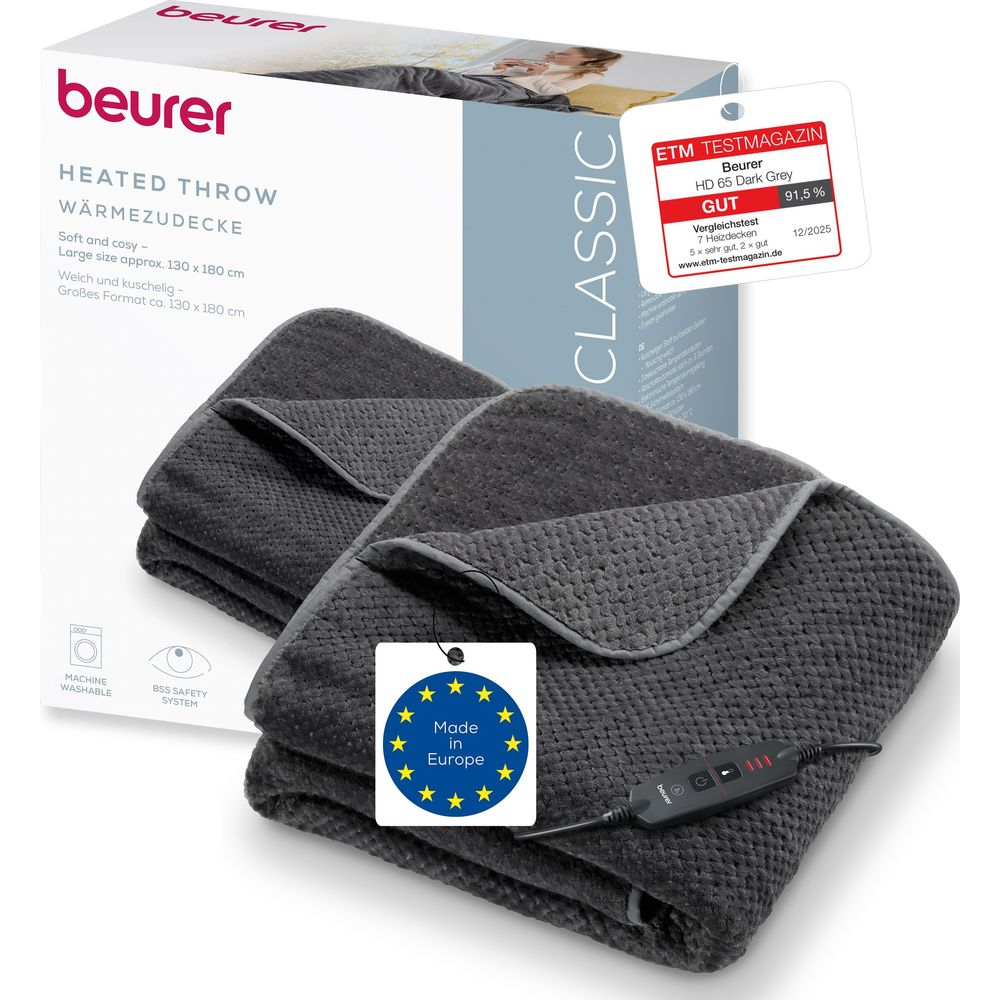 Graue Beurer Heizdecke mit Steuerung und EU-Siegel. Auf dem Karton steht 'Made in Europe'.