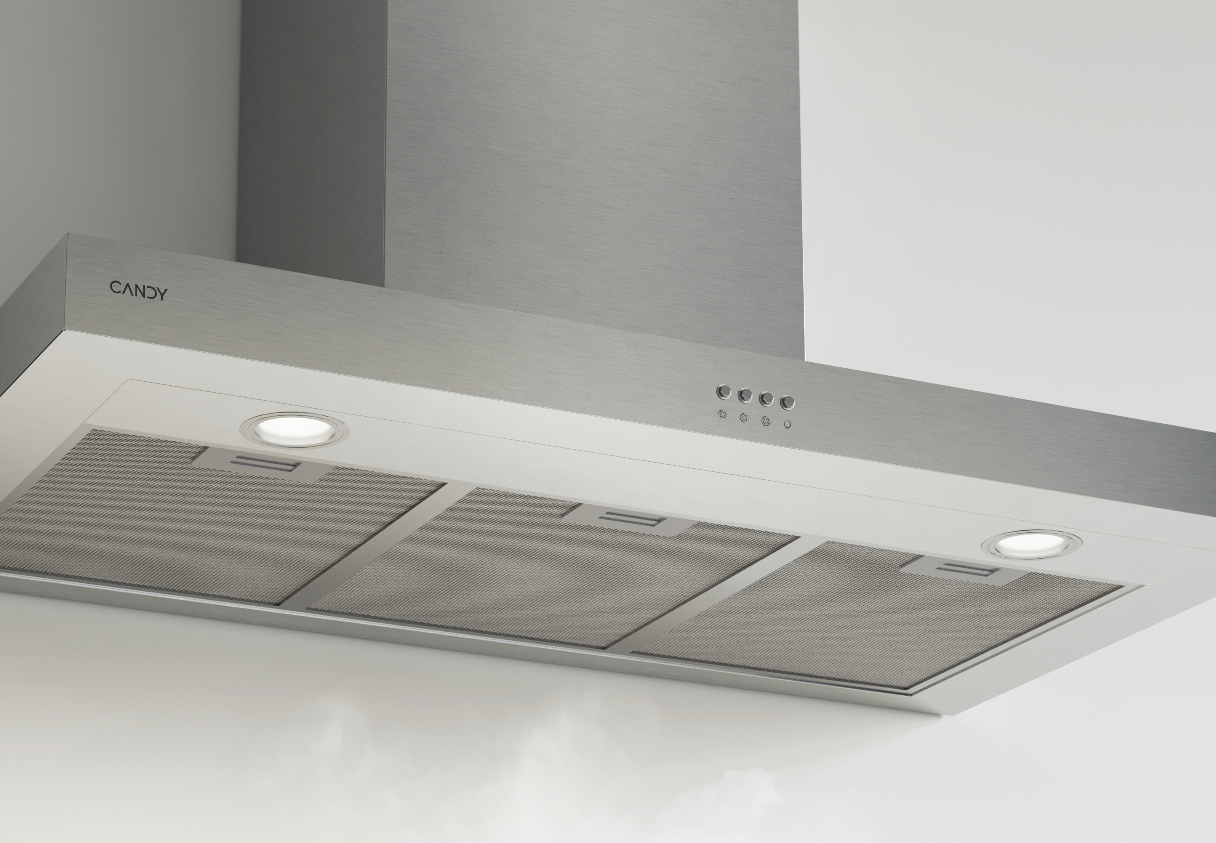 Una campana extractora de acero inoxidable con tres filtros y luces.