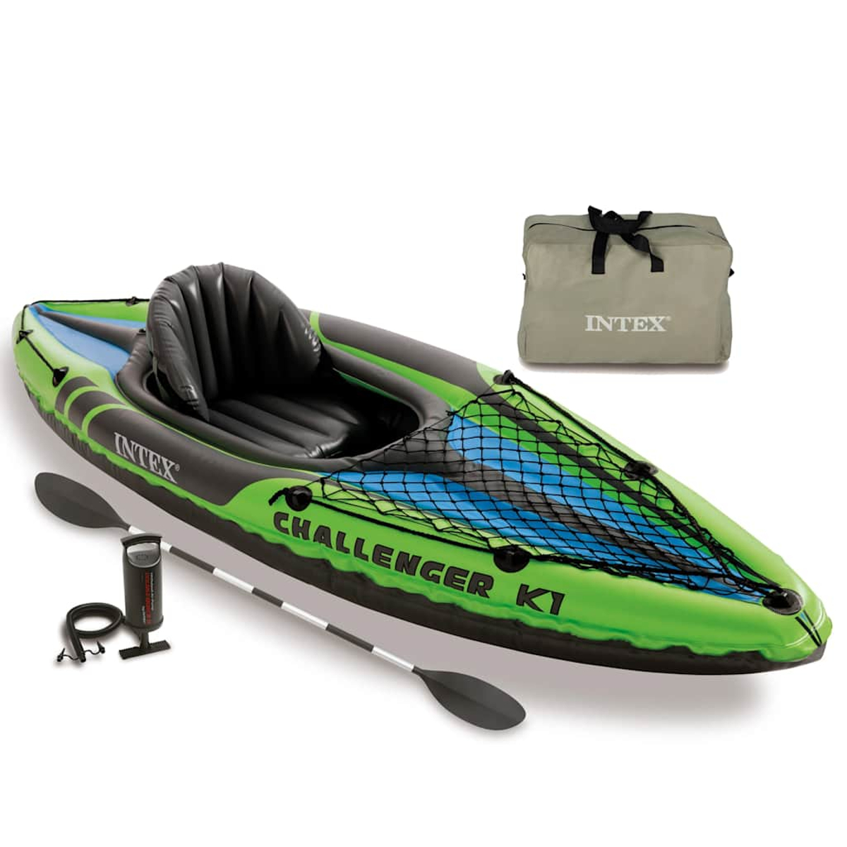 Kayak Intex verde con pagaia, pompa e borsa su sfondo bianco.