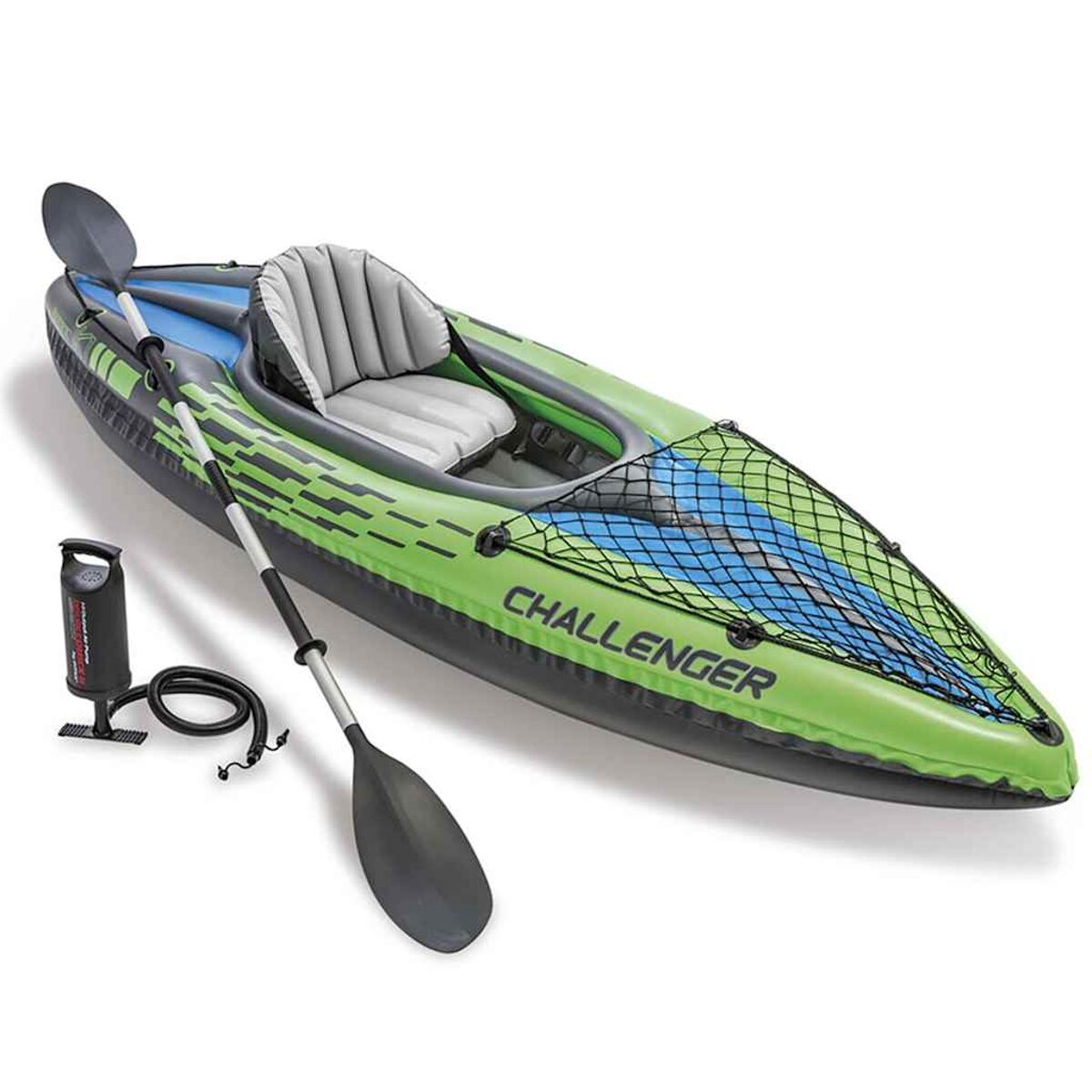 Kayak gonfiabile verde con pagaia e pompa, sedile e rete.