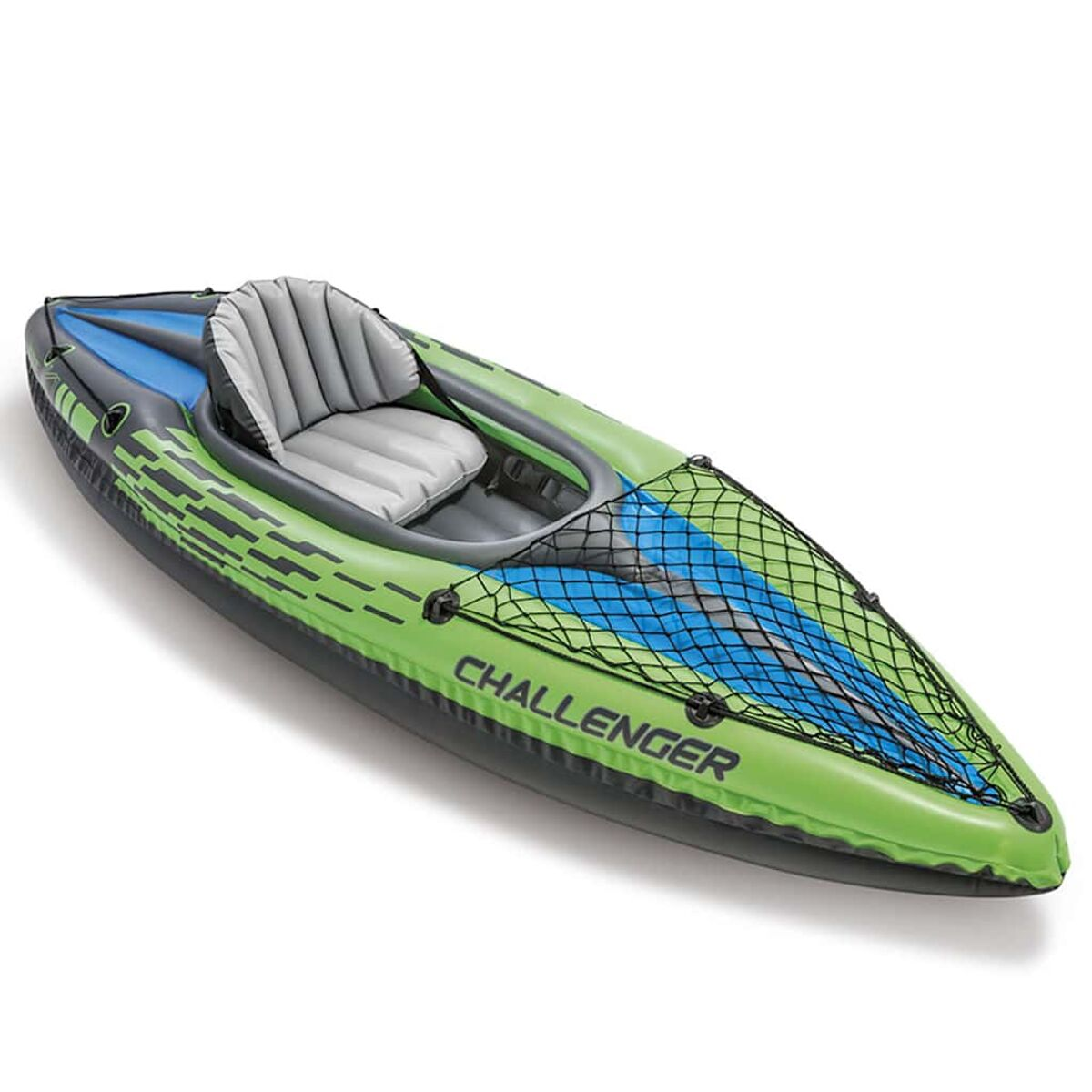 Kayak gonfiabile verde con sedile gonfiabile, design blu-nero e rete.