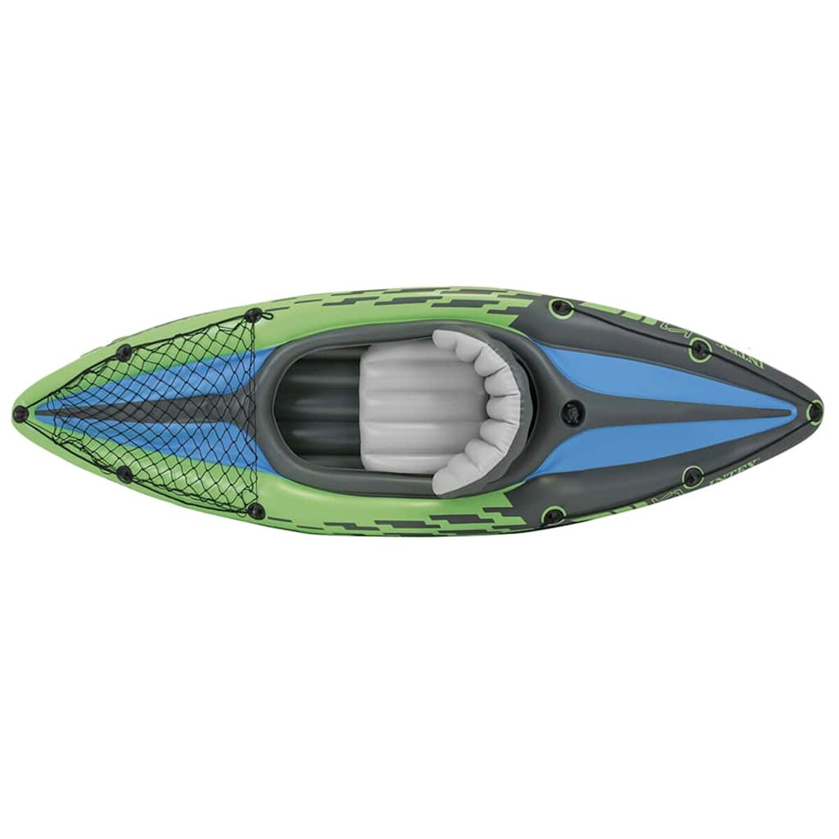 Un kayak gonfiabile con scafo verde, design blu e grigio e un sedile.