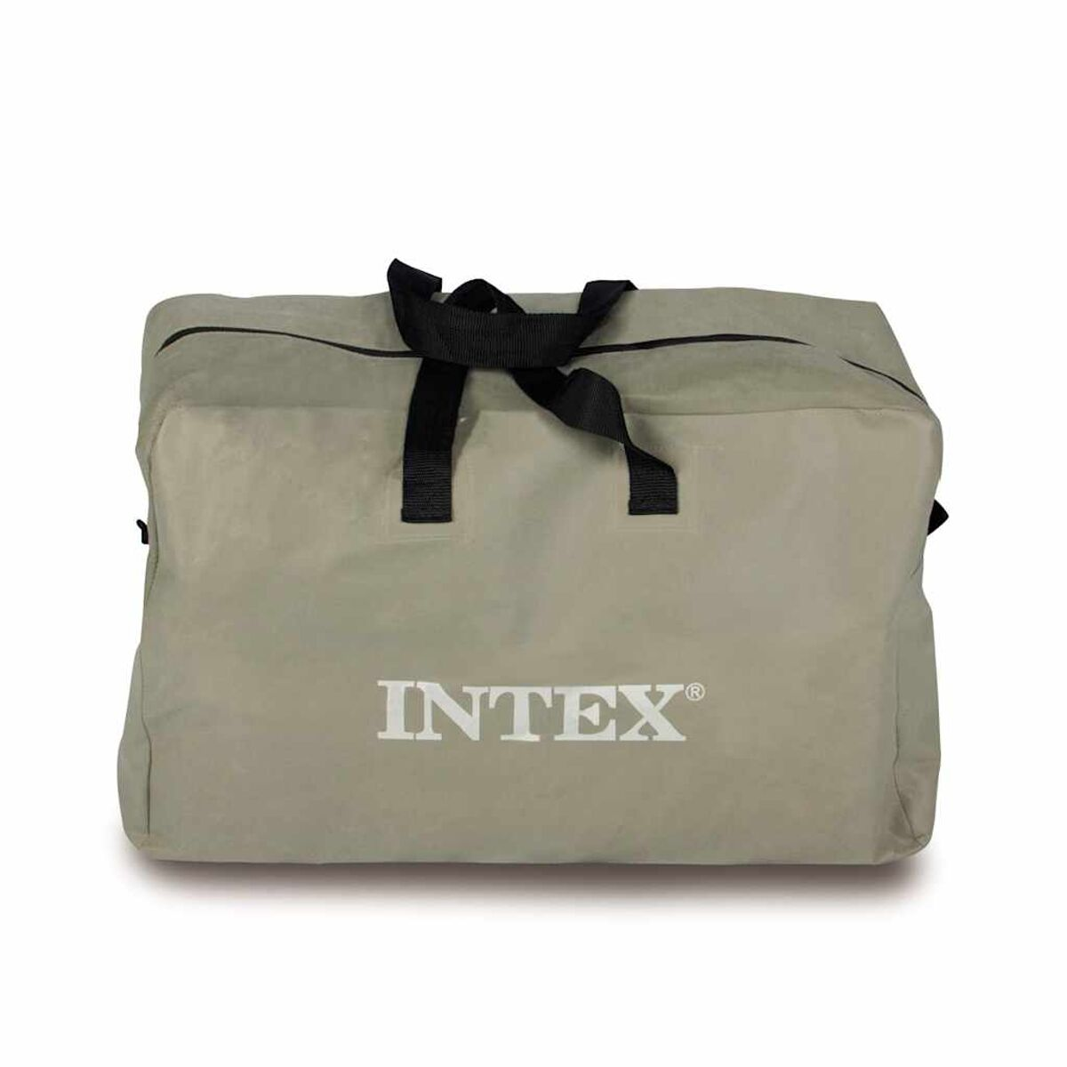 Una borsa grigia con cinghie nere e logo bianco INTEX.
