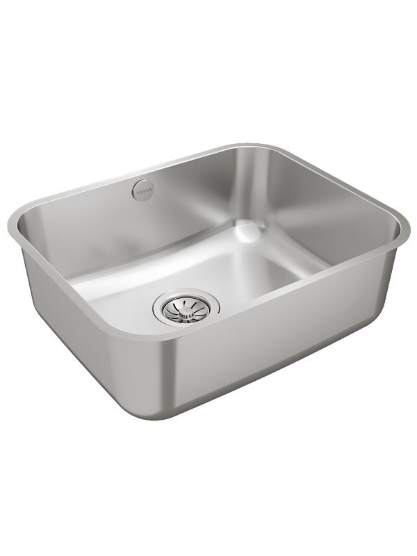 Modern, parlak paslanmaz çelik lavabo, yuvarlak giderli.