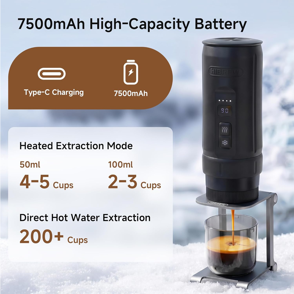 Cafetera portátil con batería de 7500mAh, carga Tipo-C, 4-5 tazas a 50ml.