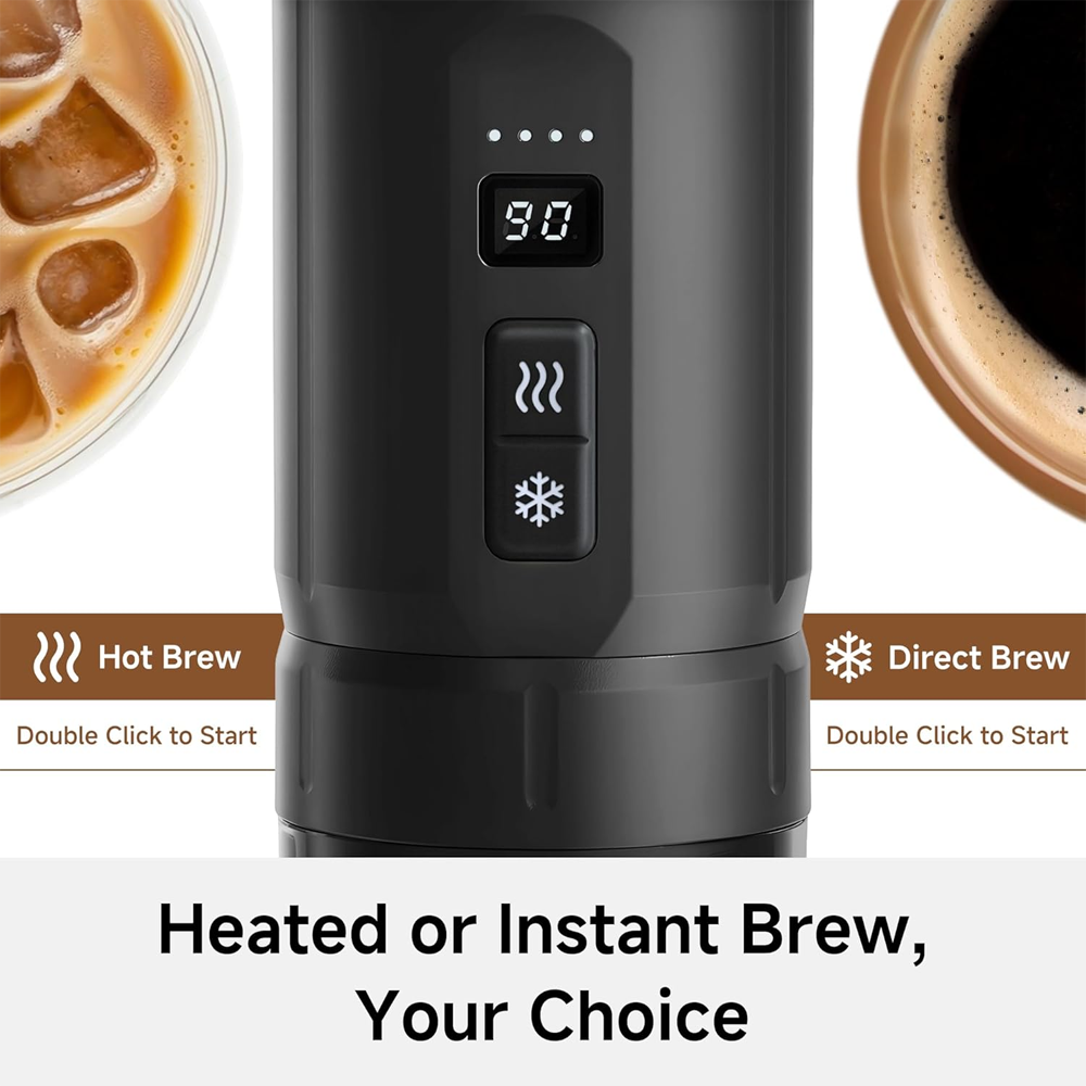 Cafetera con opciones de infusión caliente o fría y pantalla digital.