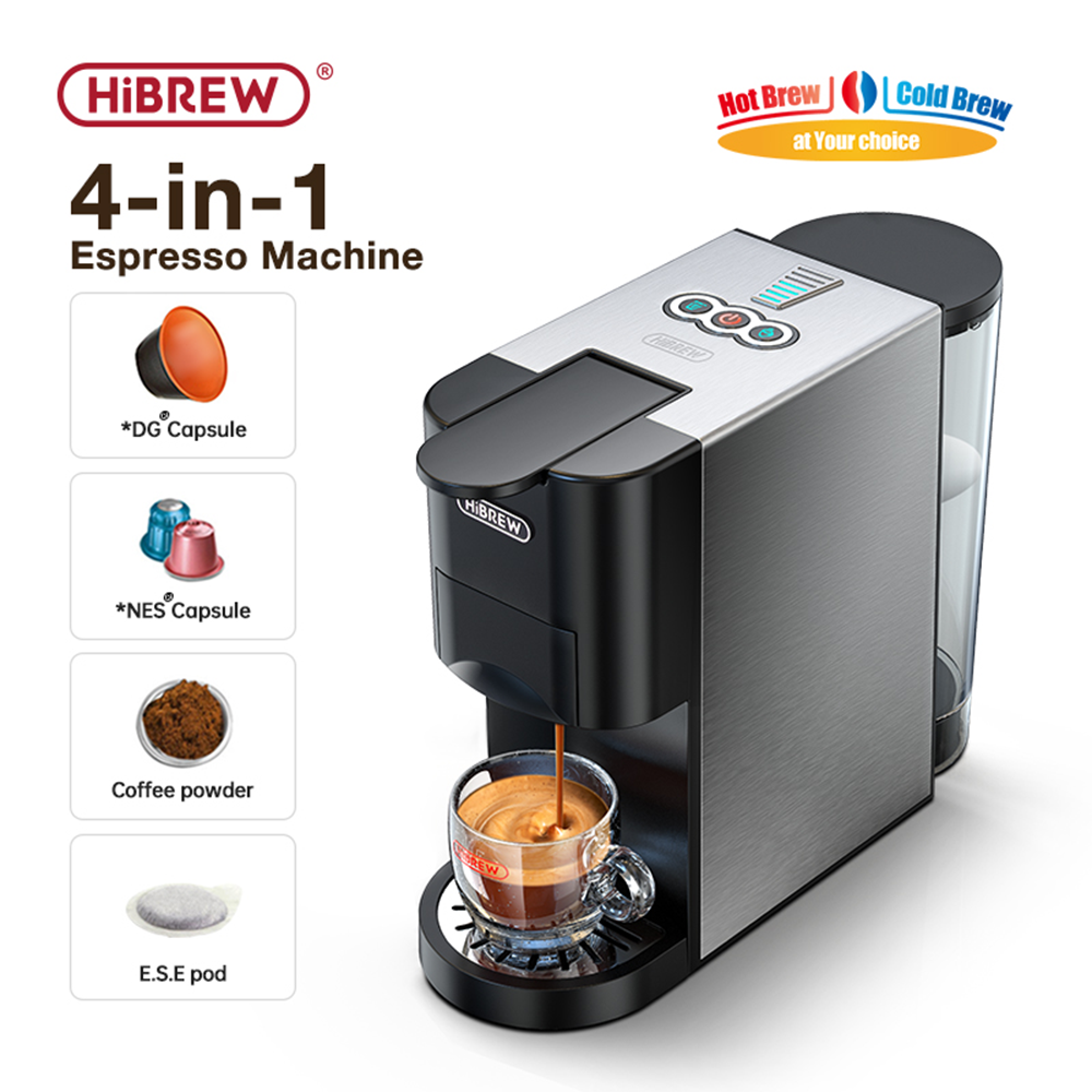 Máquina espresso HiBREW 4 en 1 con opciones de infusión caliente/fría, cápsulas, polvo.