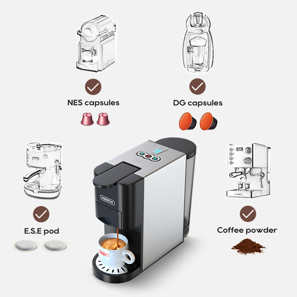 Cafetera con cápsulas, ESE pods, café en polvo y diagramas de máquinas de espresso.