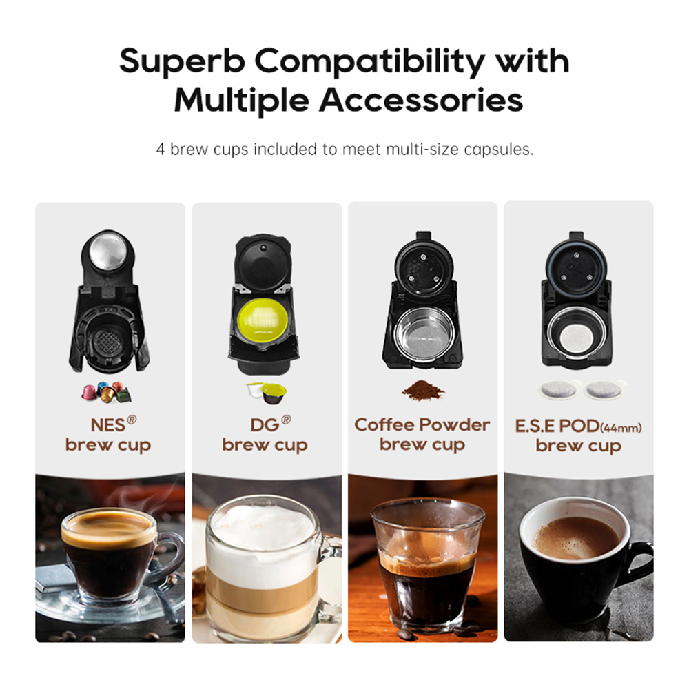 Máquina de café con 4 tazas de infusión: NES, DG, Café en Polvo, E.S.E. Pods.