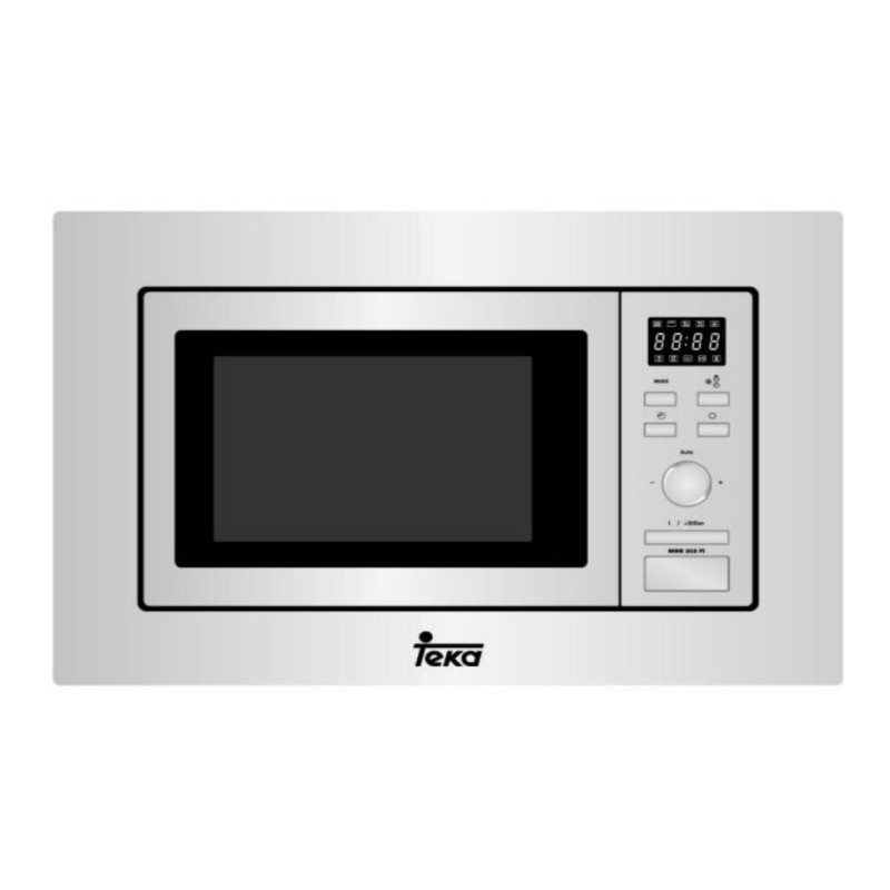 Un forno a microonde da incasso argentato con porta nera e display digitale.