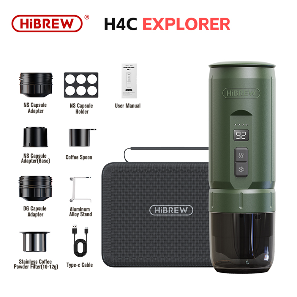 Cafetera verde HiBREW H4C EXPLORER con accesorios: adaptadores, soporte, cuchara, soporte, cable, manual.