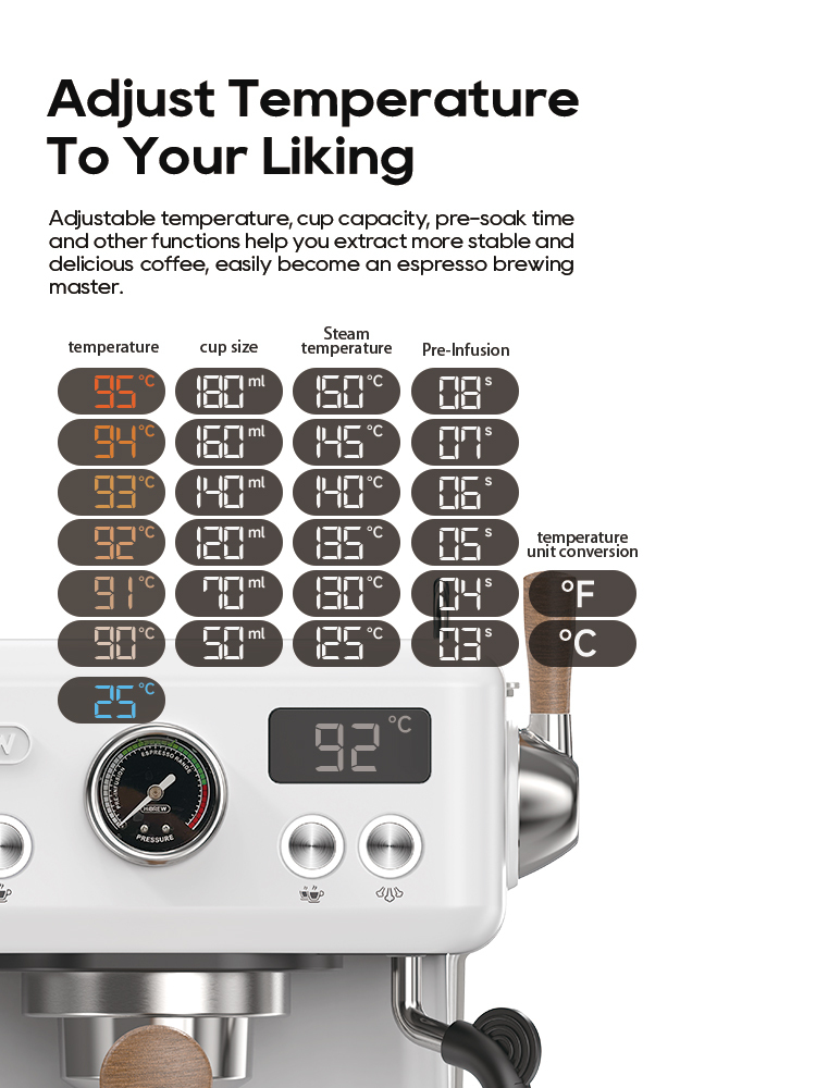 Interfaz de máquina de espresso que muestra temperatura, tamaño de taza, temperatura de vapor y preinfusión.