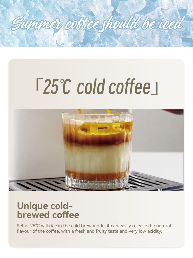 Un vaso de café helado en capas con hielo en una rejilla, con texto sobre café cold brew único.