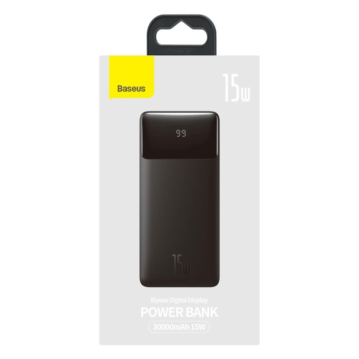 Batería externa negra con pantalla digital, 30000 mAh, 15W, en embalaje.