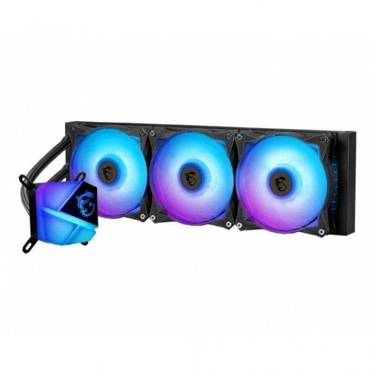 Un enfriador de computadora negro con tres ventiladores azul y morado y una bomba separada.