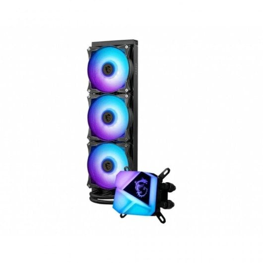 Un enfriador de CPU con tres ventiladores RGB y una unidad de bomba de agua iluminada.