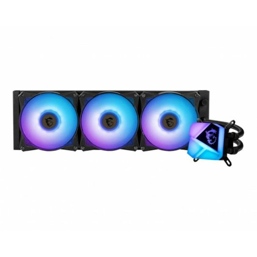 Refrigerador líquido para PC con tres ventiladores y brillo RGB azul/púrpura.