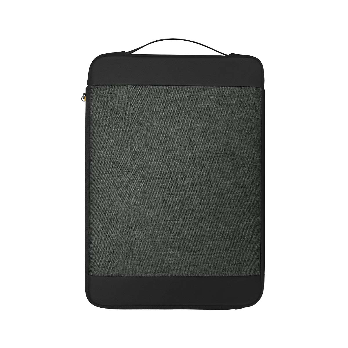 Schwarze Laptoptasche mit grauem Stoffbezug und Henkel.