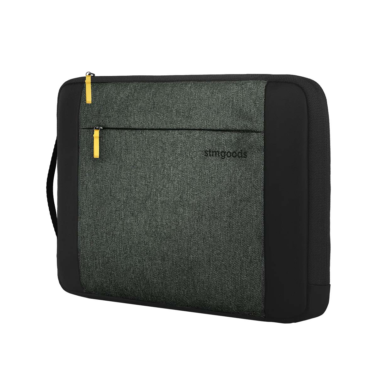 Graue Laptoptasche mit schwarzem Rand und gelben Reißverschluss-Anhängern.