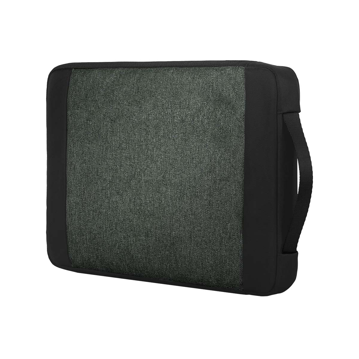 Eine schwarze Tasche mit einem dunkelgrauen Stoffeinsatz und einem Tragegriff.