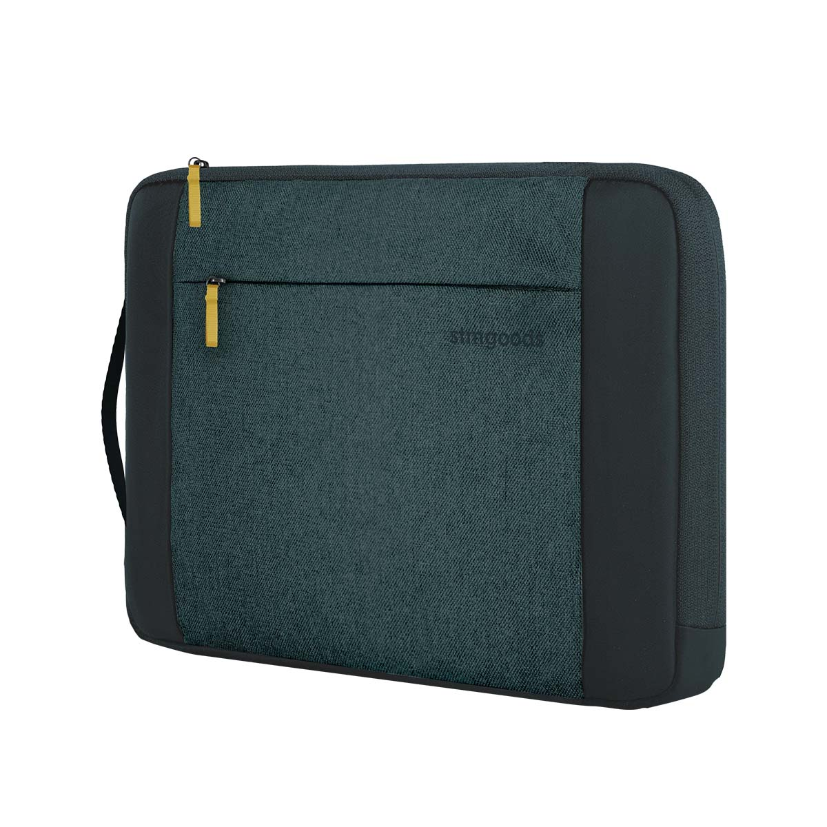 Dunkelgraue Laptoptasche mit gelben Reißverschlüssen und Henkel.