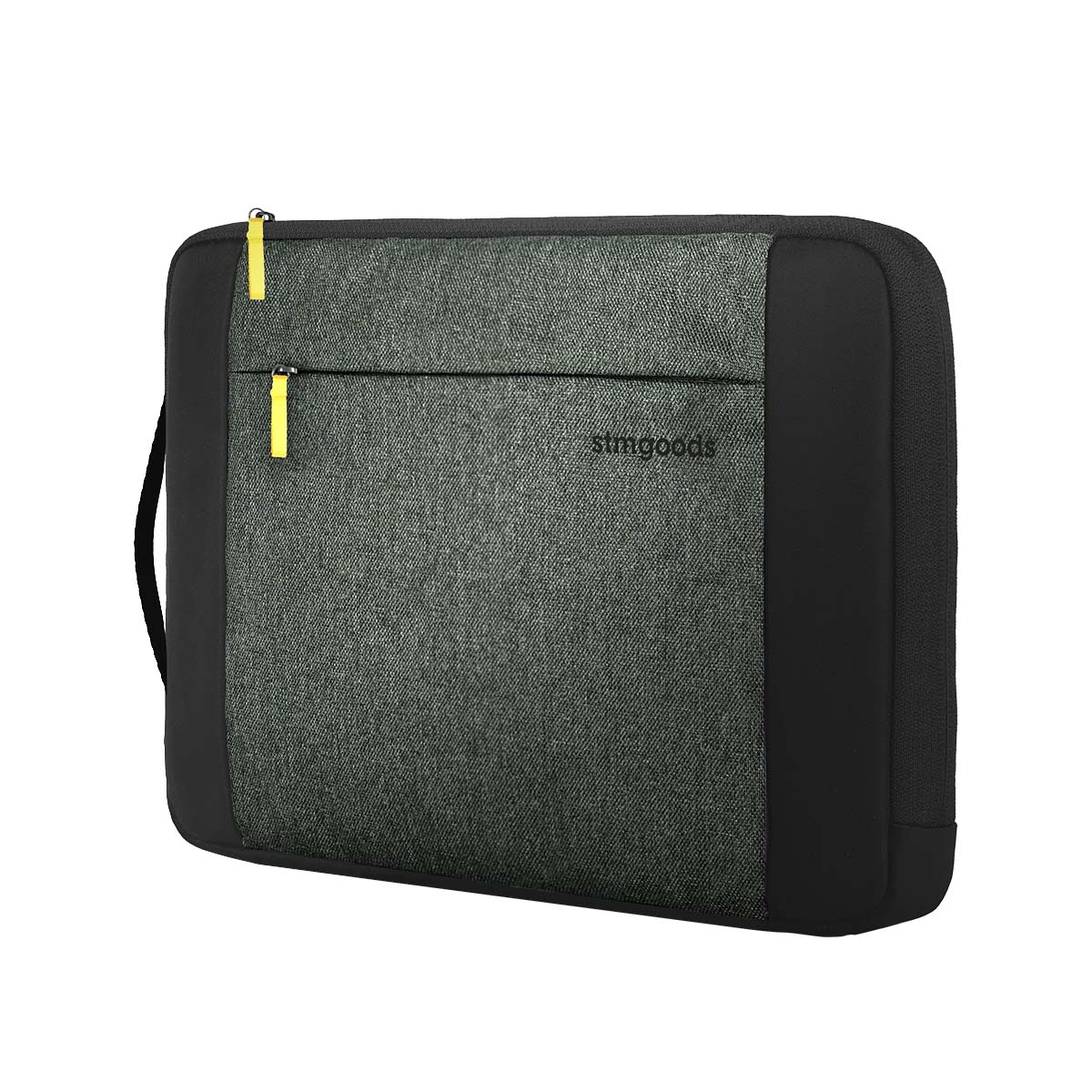 Eine graue Laptoptasche mit zwei gelben Reißverschlüssen und dem Logo "stm'goods".
