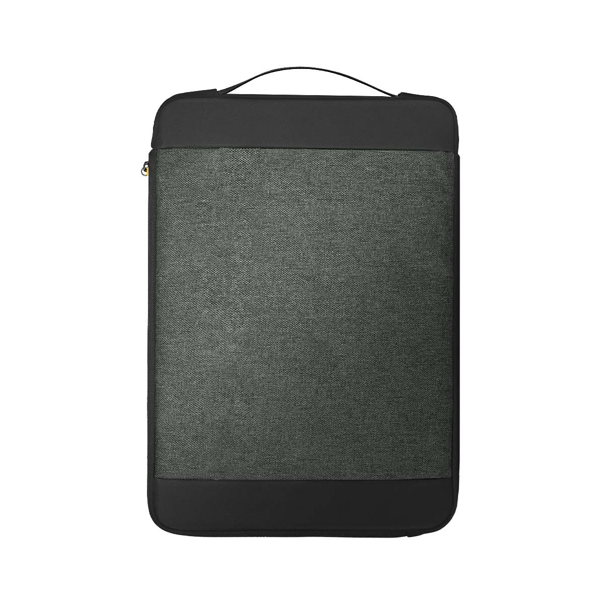 Graue Laptoptasche mit schwarzem Griff und Akzenten.