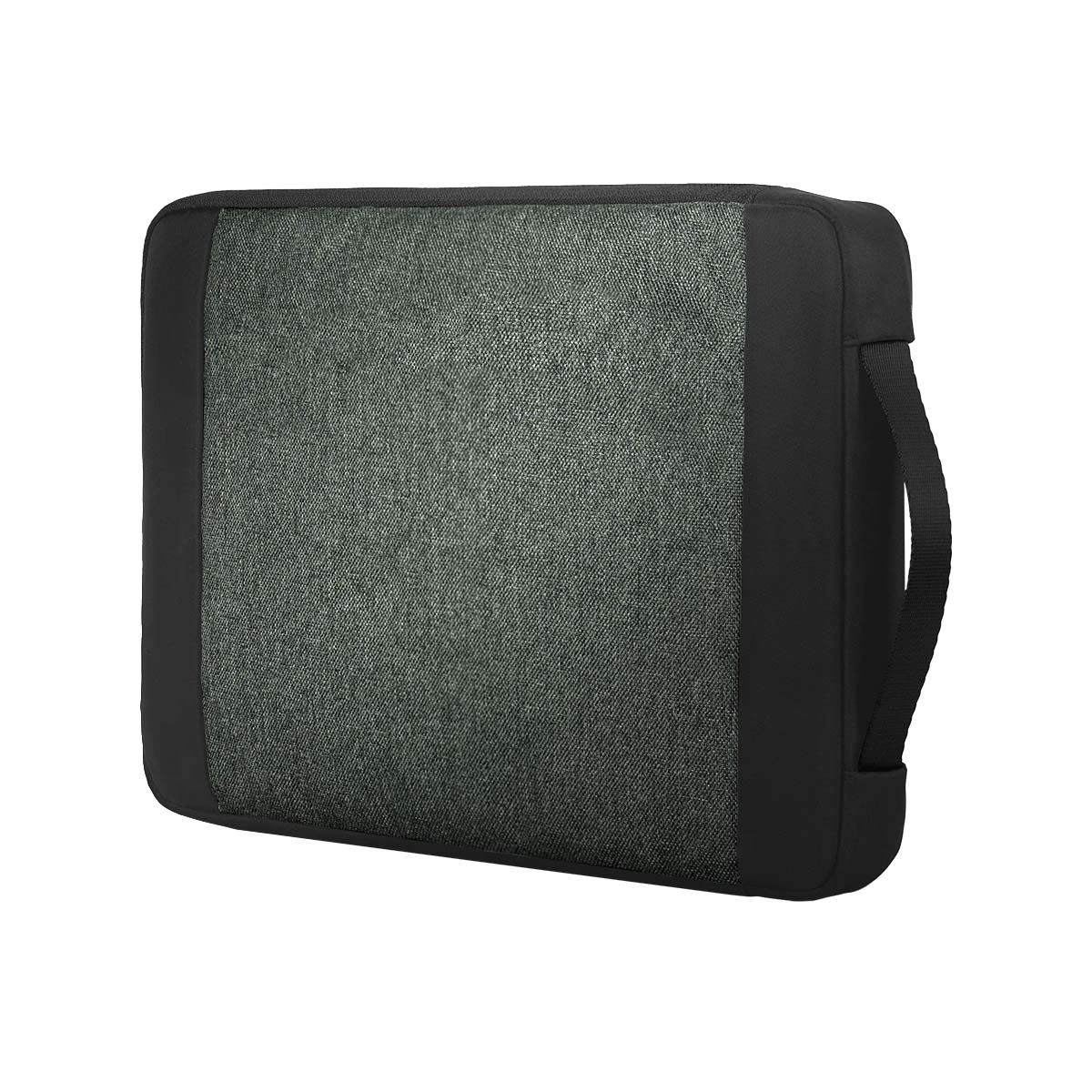 Schwarze Tasche mit grauem Stoffeinsatz und Griff, freigestellt.