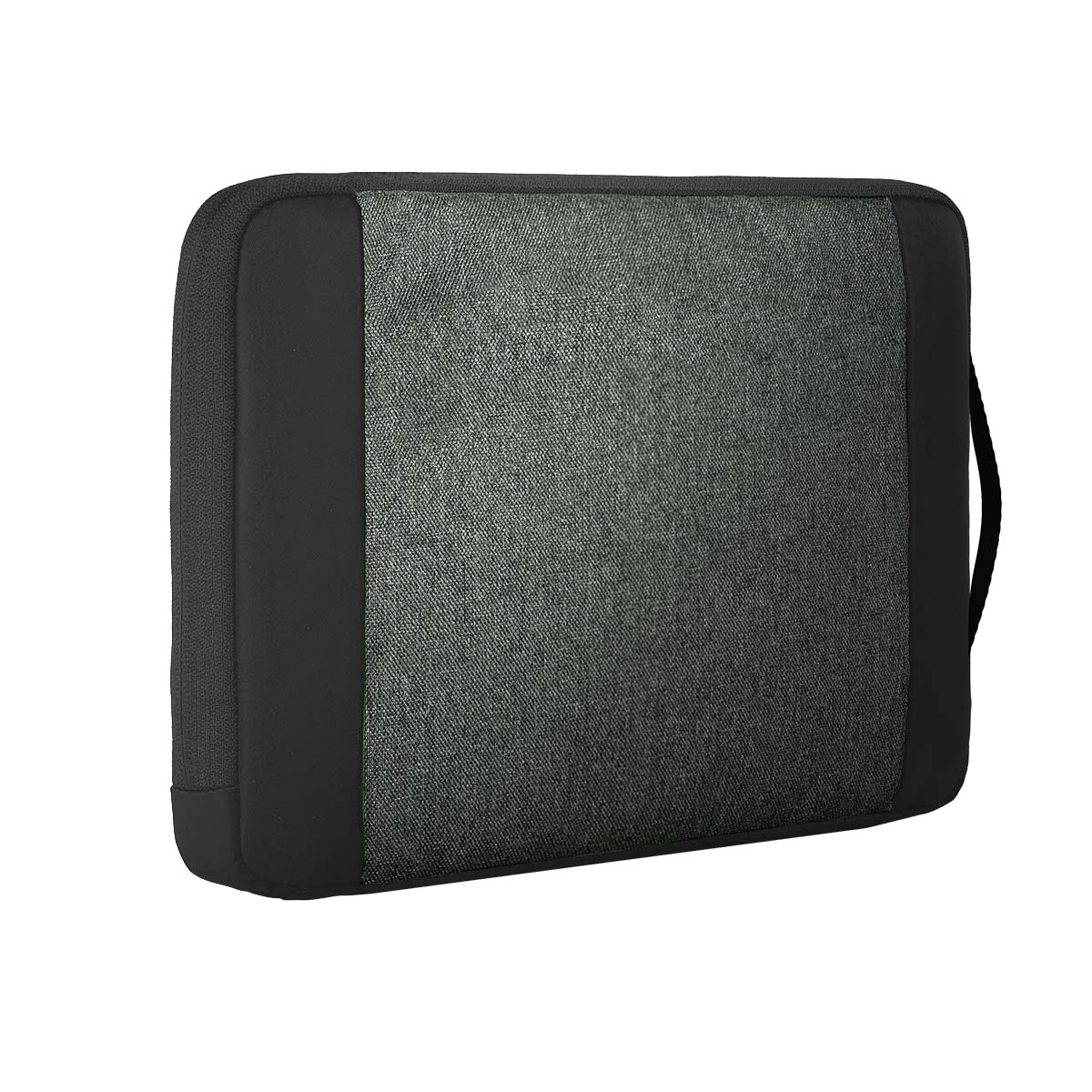 Schwarze Tasche mit grauem Stoffeinsatz und Henkel, freigestellt auf weißem Hintergrund.