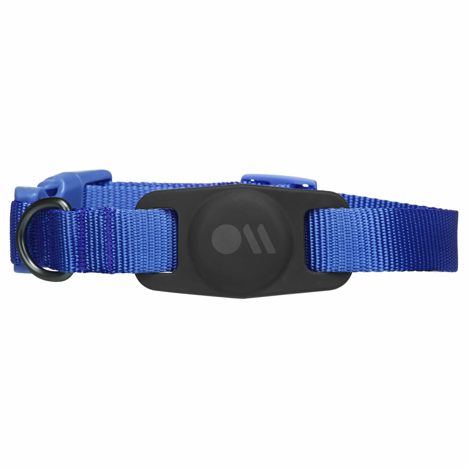 Blaues Halsband mit schwarzer Halterung und Metallring.