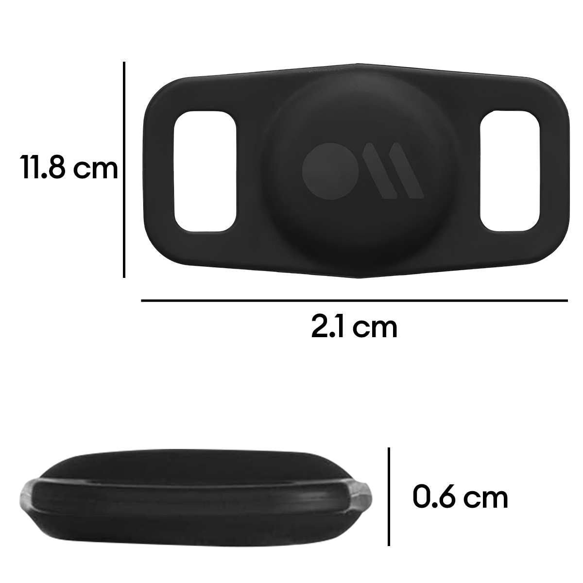 Schwarzer Tracker-Schutz mit Maßen: 11,8 cm hoch, 2,1 cm breit, 0,6 cm dick.