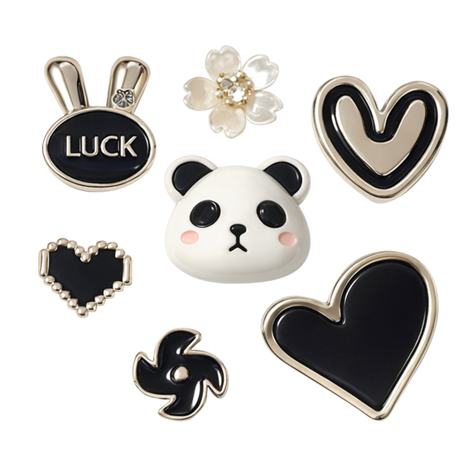 Süße Anhänger: Pandagesicht, Herz, Blume, Glückskaninchen, Wirbel.