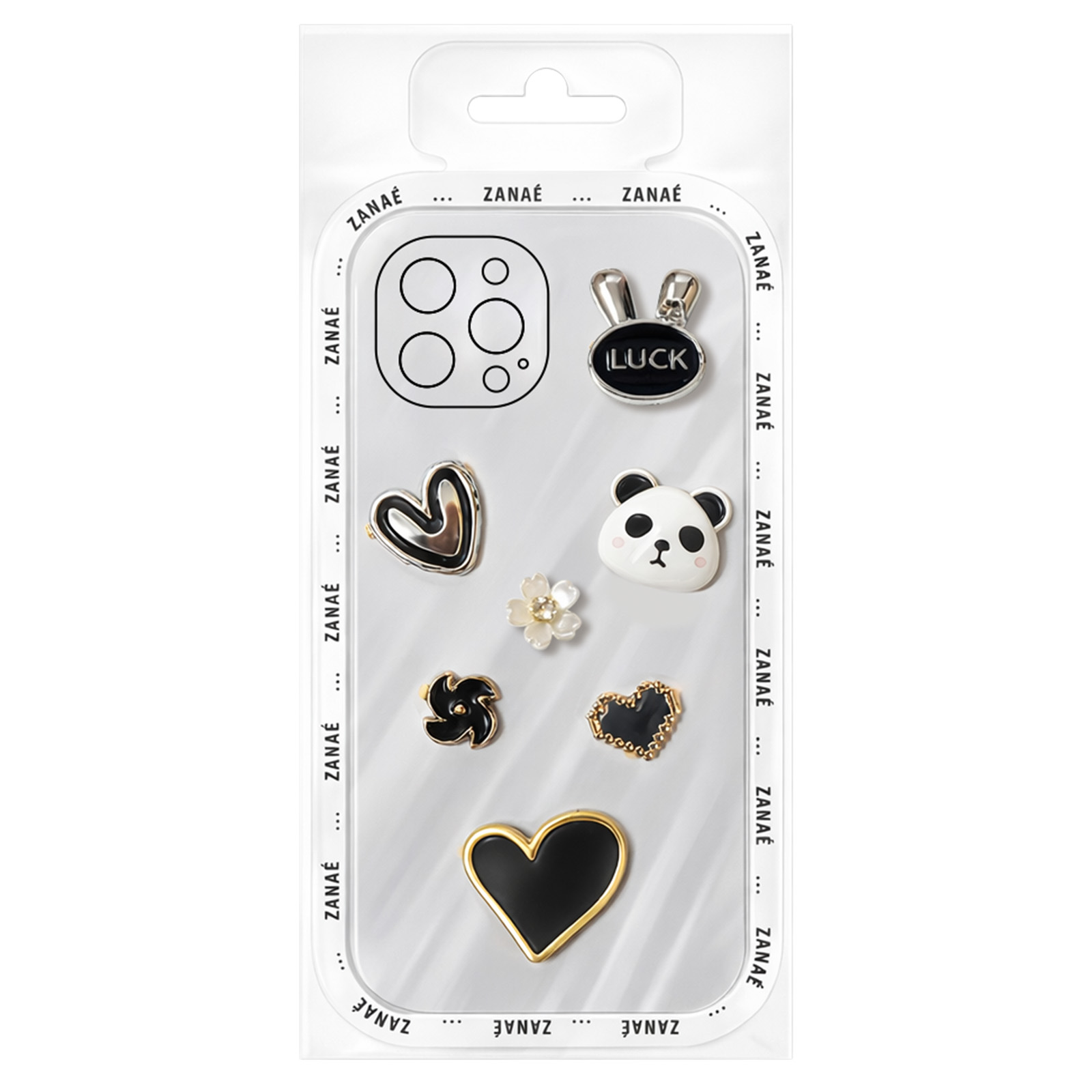 Verpackung mit Handyhüllen-Aufklebern: Herz, Panda, Blume, Hase und Glück.