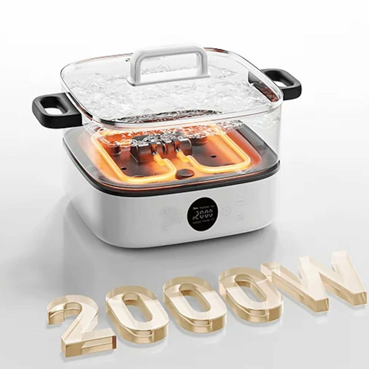 Una olla eléctrica blanca con tapa de cristal, humeante. Números dorados al lado.