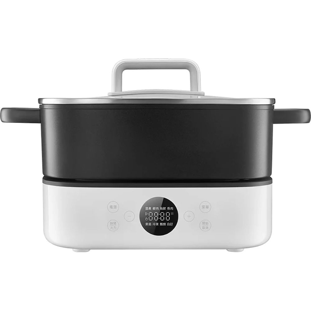 Una olla moderna blanca y negra con asas y pantalla digital.