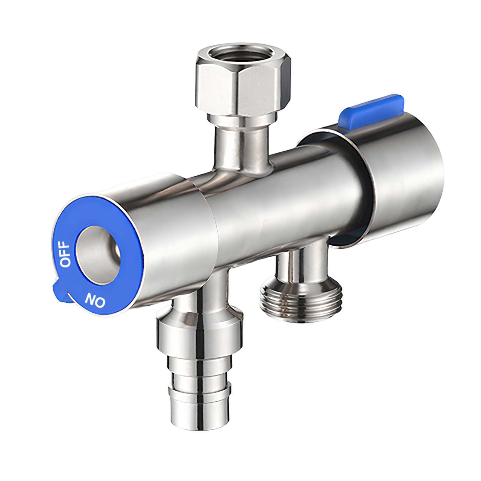 Ein silberner Wasserverteiler mit blauem Hebel und Markierungen 'OFF' und 'ON'.
