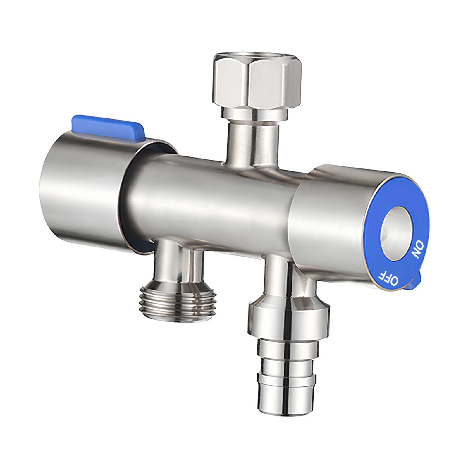 Ein silberner Wasserhahn-Splitter mit blauen Akzenten, Ein/Aus-Markierungen.