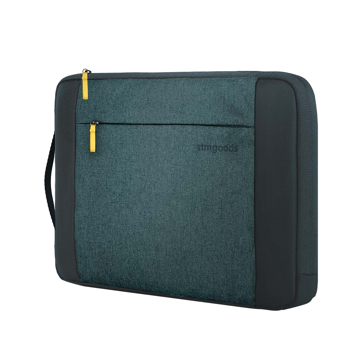 Eine dunkelgrüne Laptoptasche mit zwei gelben Reißverschlüssen und einem Griff.