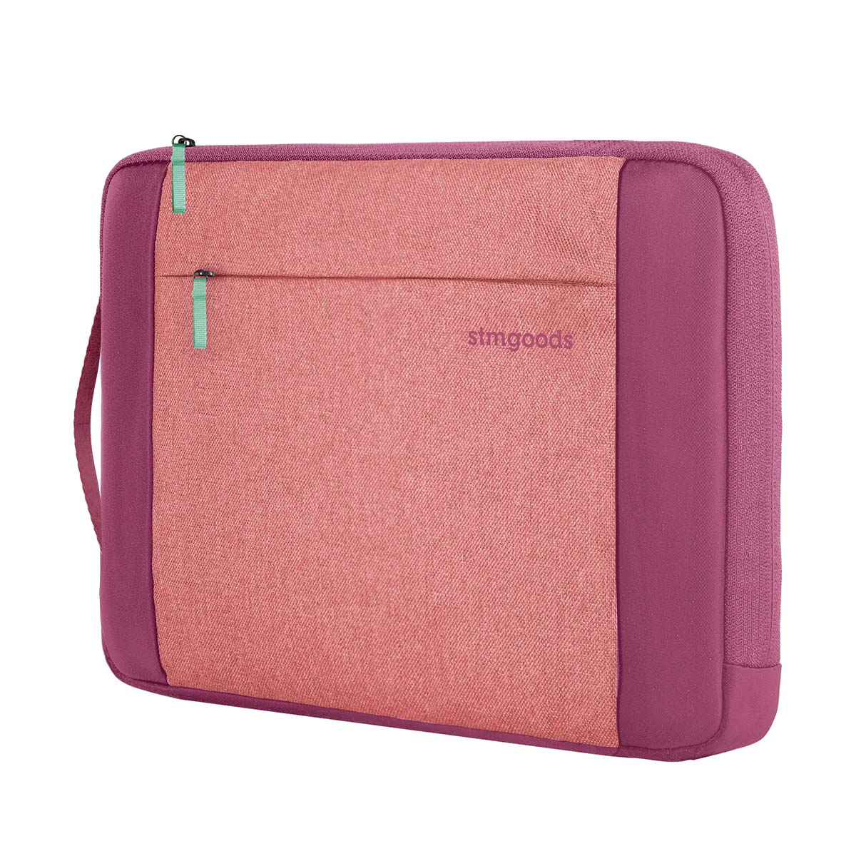 Eine rosafarbene Laptoptasche mit zwei Reißverschlüssen und einem seitlichen Tragegriff.