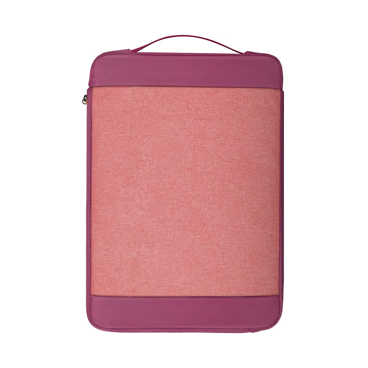 Ein rechteckiger Hülle aus Stoff in Rosa und Violett mit Griff.