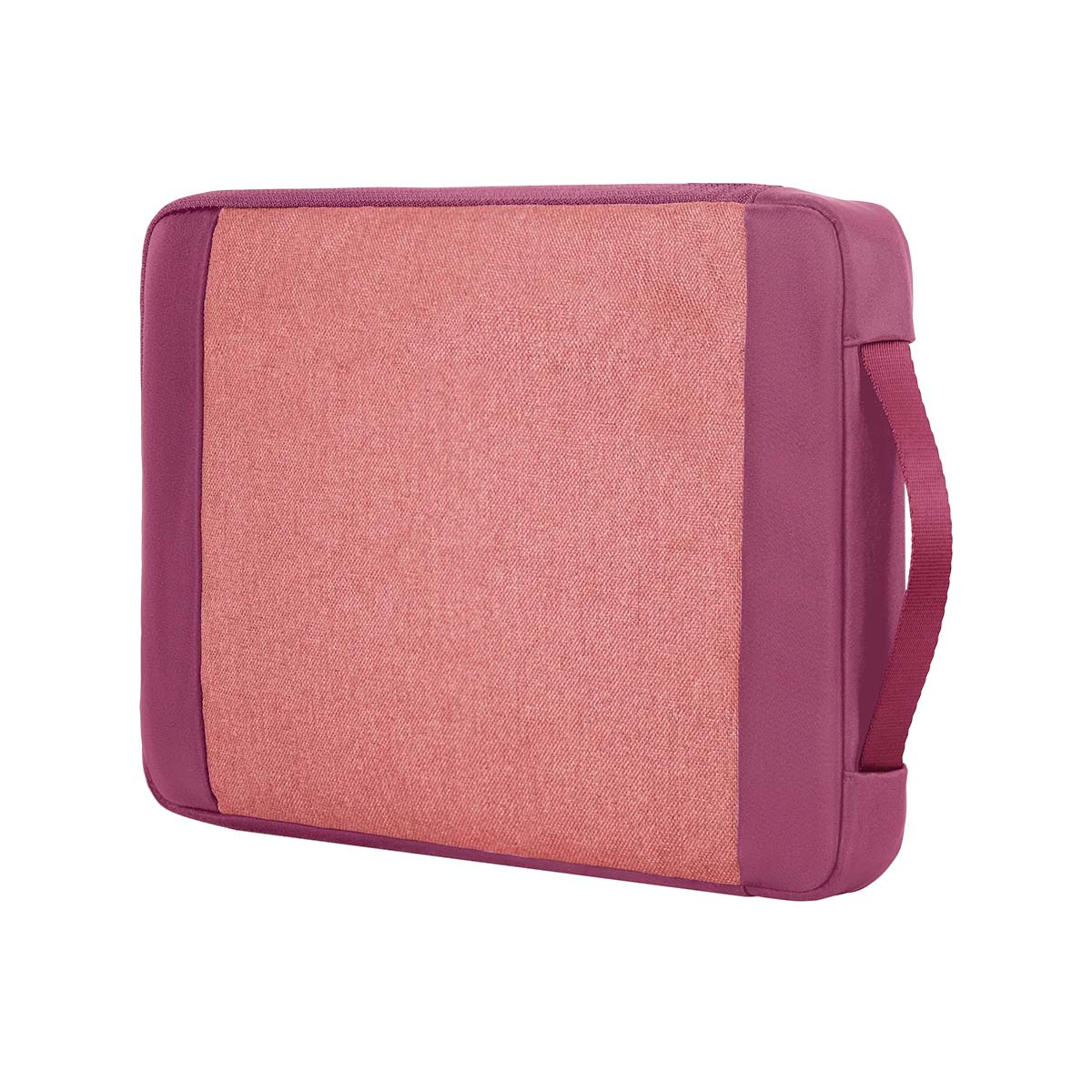 Eine rechteckige Tasche in Rosa und Lila mit einem Henkel an der Seite.
