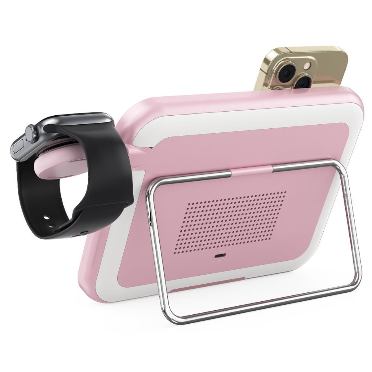 Un support de chargement rose avec une Apple Watch argentée et un iPhone doré.