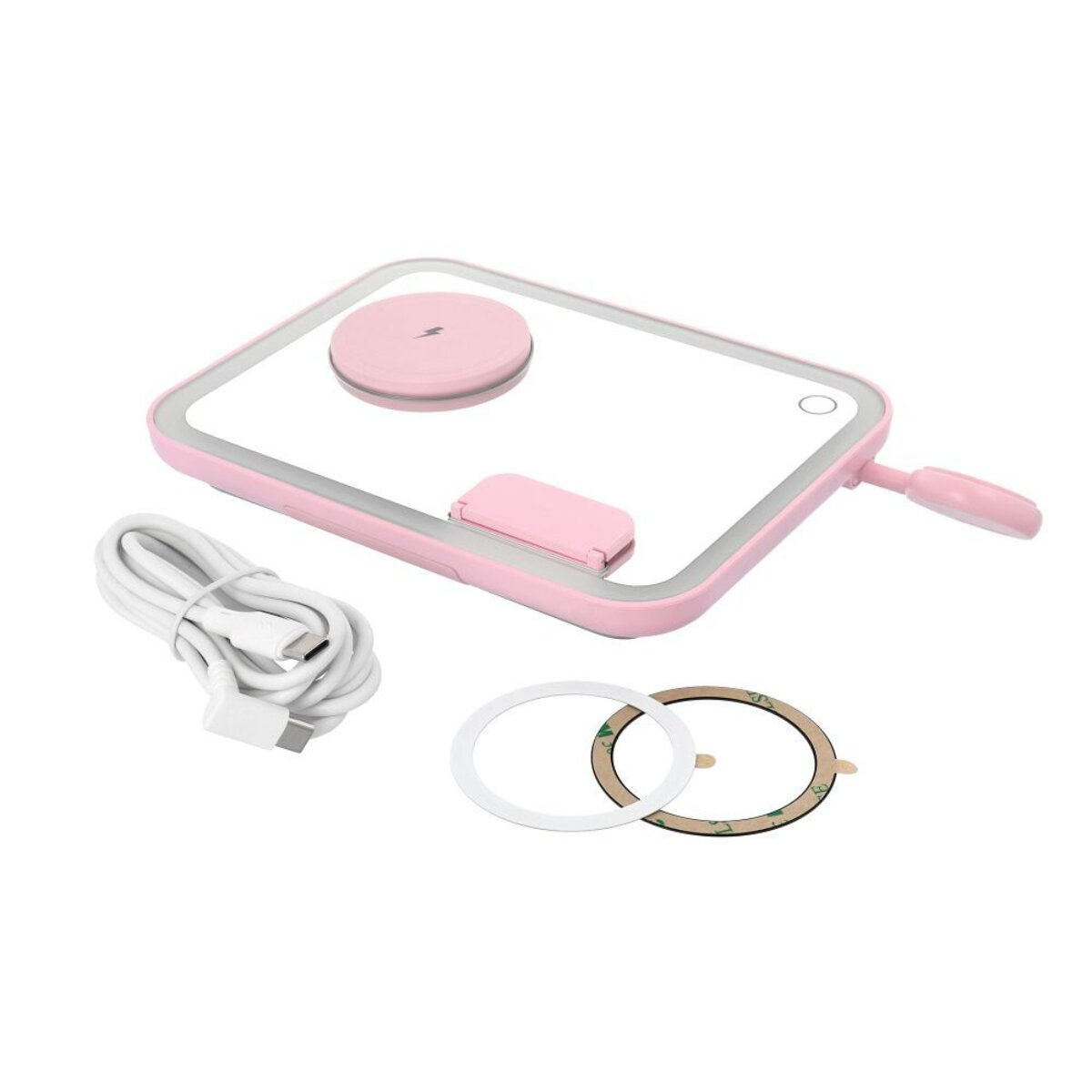 Un miroir de maquillage rose avec accessoires : câble de chargement, anneaux.